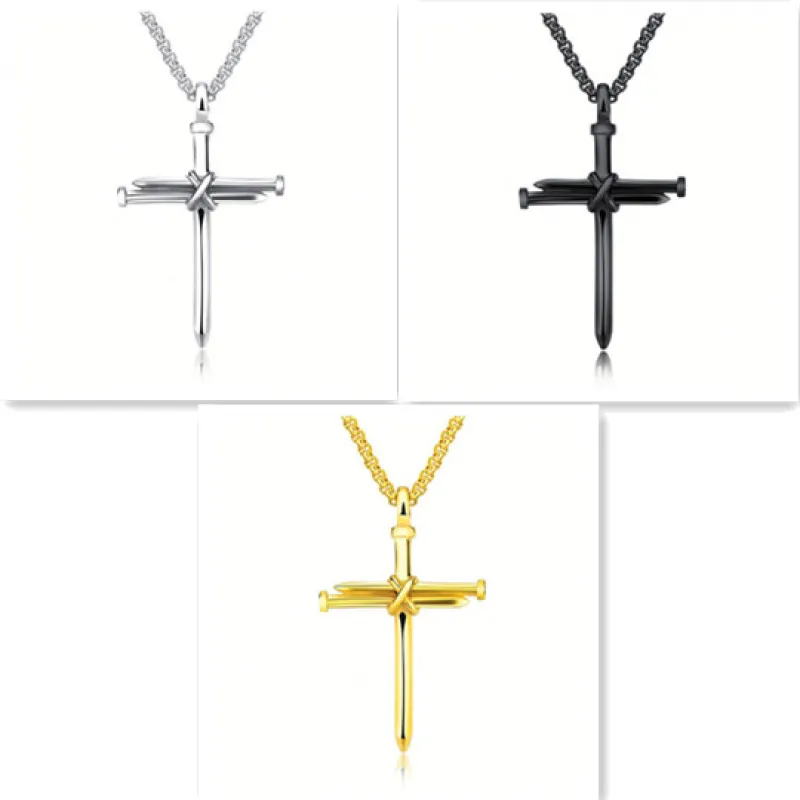 Steel Gold Black Color Fashion Mens Iron Nail Cross Pendant Necklace Stainless Steel 3mm Round Box Chain Jewelry Gift For Men - Image 4