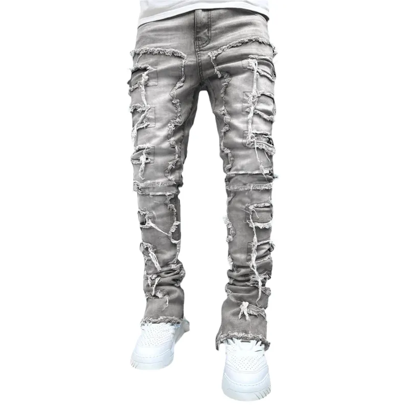 Men Trousers Individual Patched Pants Long Tight Fit Stacked Jeans For Mens Clothing - Image 3