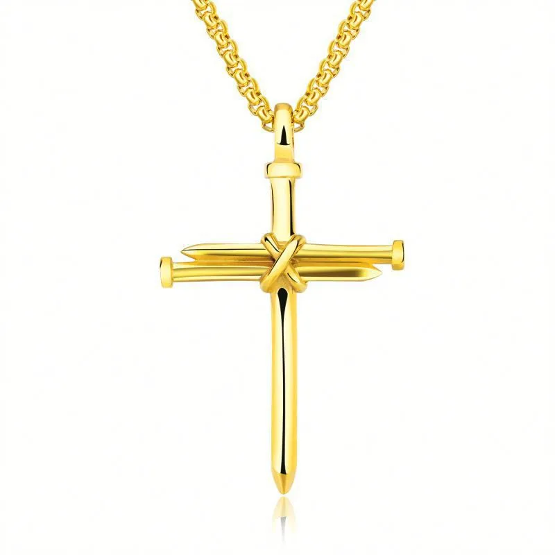 Steel Gold Black Color Fashion Mens Iron Nail Cross Pendant Necklace Stainless Steel 3mm Round Box Chain Jewelry Gift For Men - Image 2